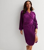 New Look Curves Dark Purple Plisse V Neck Long Sleeve Midi Wrap Dress